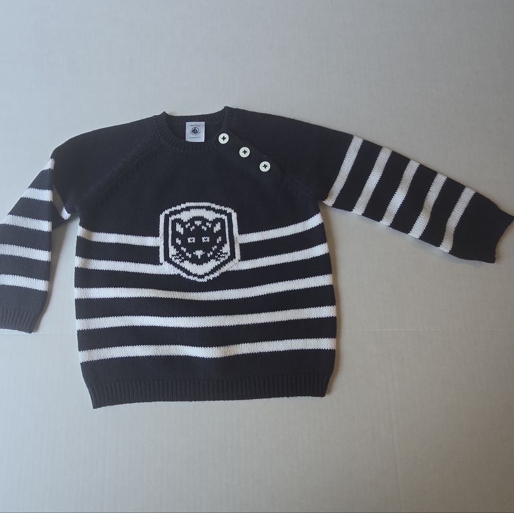 Baby Striped Navy Blue and White Sweater with Button Detail